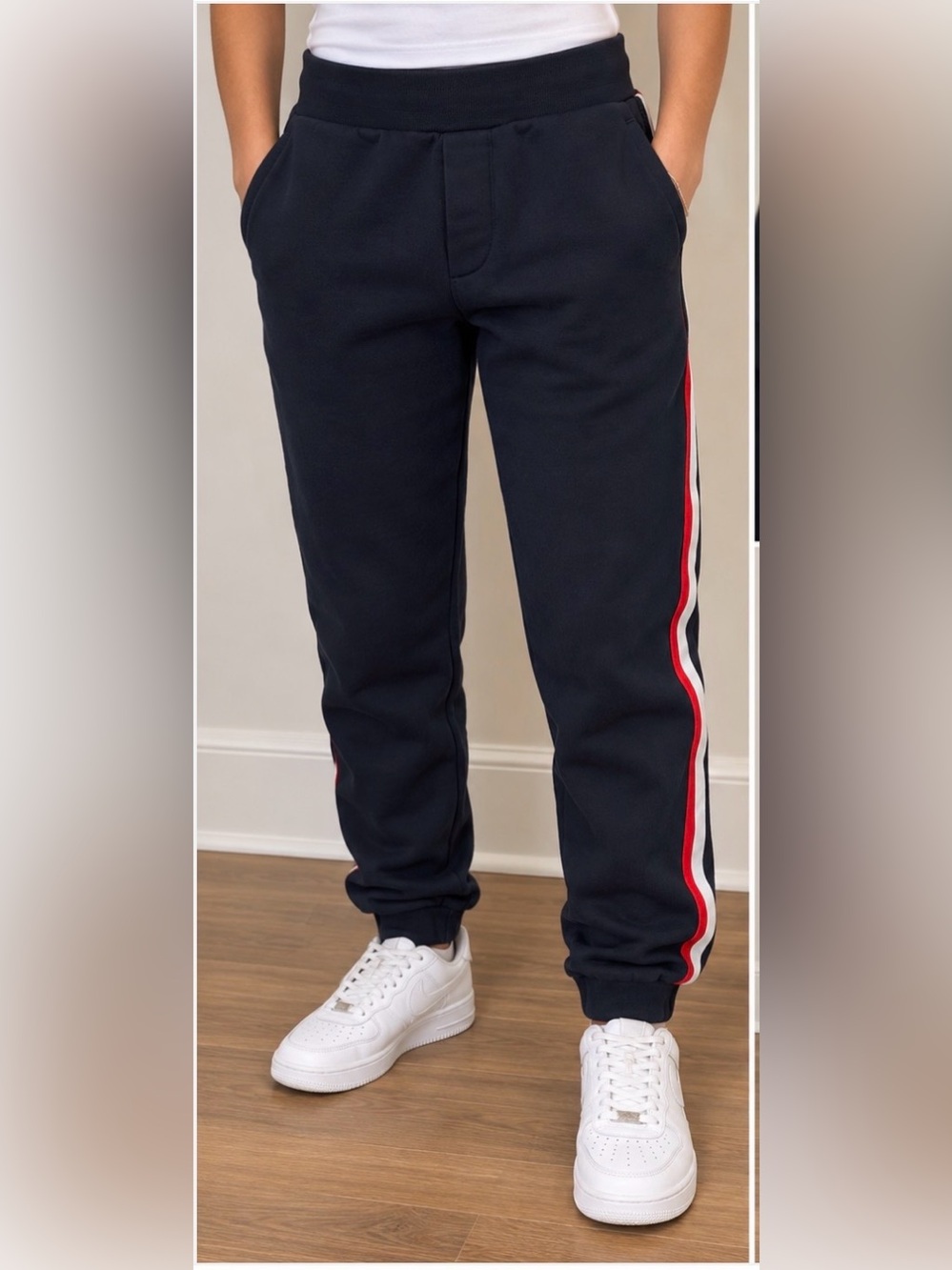 Moncler Navy Joggers with Red & White reflective Side Stripes